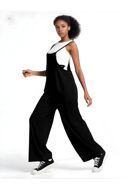 Kadın Siyah Ayarlanabilir Askılı Cepli Bol Paça Bahçıvan Tulum HZL22S-BD170191