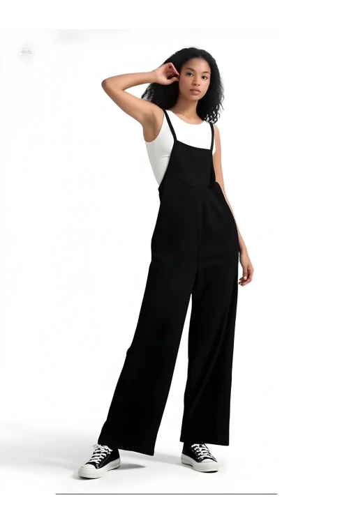 Kadın Siyah Ayarlanabilir Askılı Cepli Bol Paça Bahçıvan Tulum HZL22S-BD170191