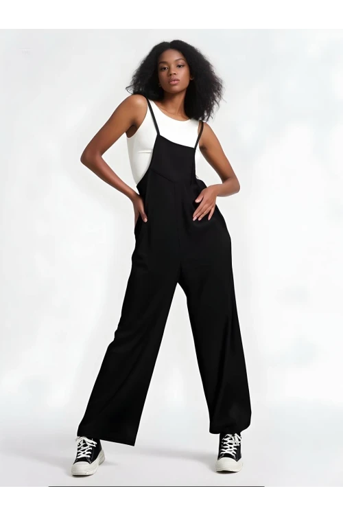 Kadın Siyah Ayarlanabilir Askılı Cepli Bol Paça Bahçıvan Tulum HZL22S-BD170191