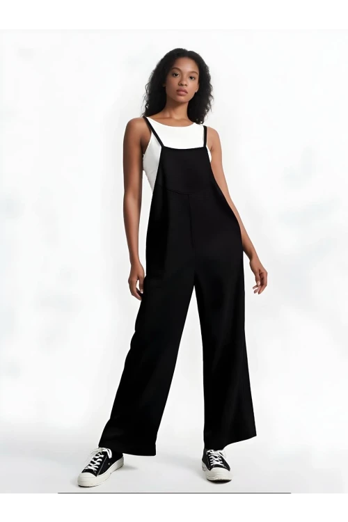 Kadın Siyah Ayarlanabilir Askılı Cepli Bol Paça Bahçıvan Tulum HZL22S-BD170191