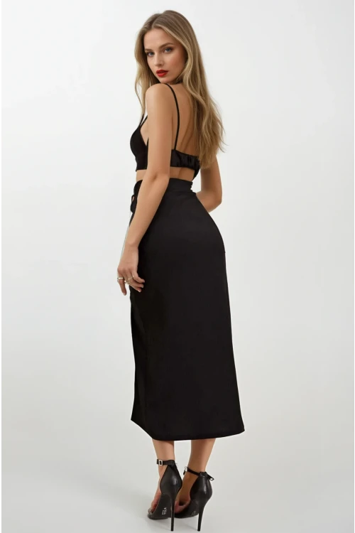 Kadın Siyah Beli Lastikli Yırtmaçlı Uzun Etek HZL22S-BD118801