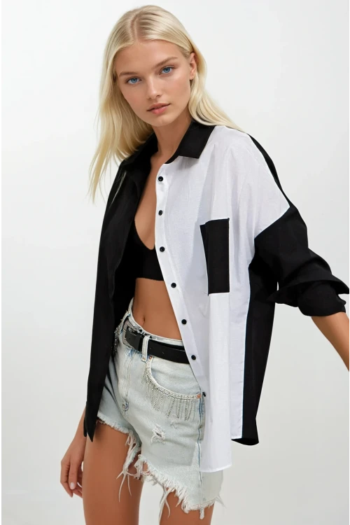 Kadın Siyah Beyaz Renk Bloklu Poplin Basic Gömlek HZL22S-BD1201161