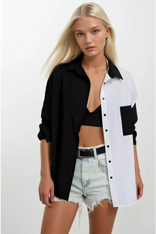 Kadın Siyah Beyaz Renk Bloklu Poplin Basic Gömlek HZL22S-BD1201161