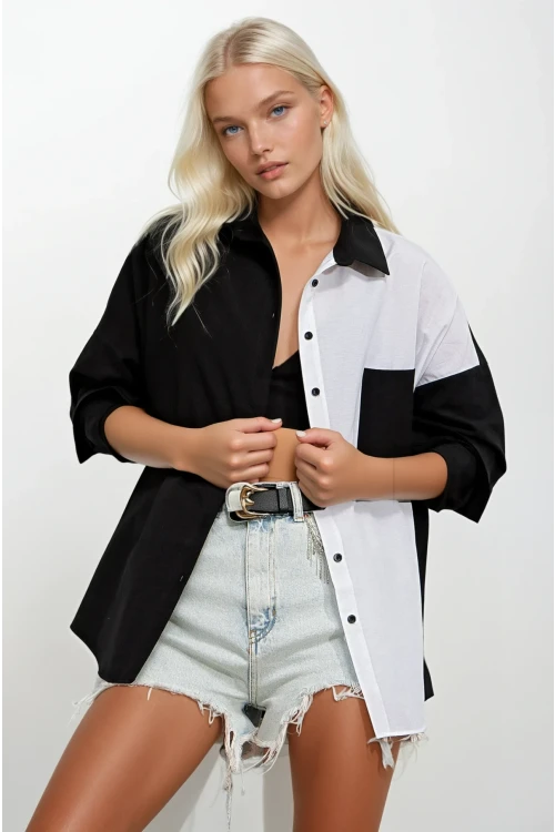Kadın Siyah Beyaz Renk Bloklu Poplin Basic Gömlek HZL22S-BD1201161