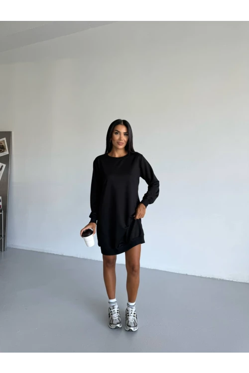 Kadın Siyah Bisiklet Yaka 2 iplik Günlük Rahat Elbise HZL25W-FRY123451