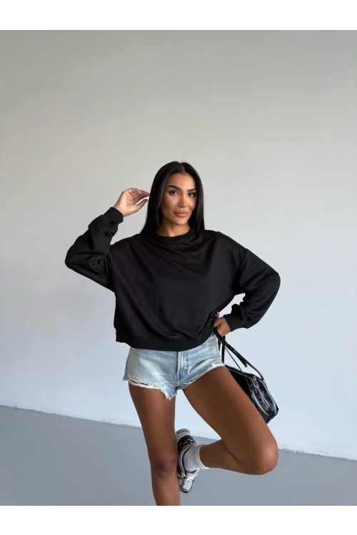 Kadın Siyah Bisiklet Yaka 2 İplik Sweatshirt HZL25W-FRY123391