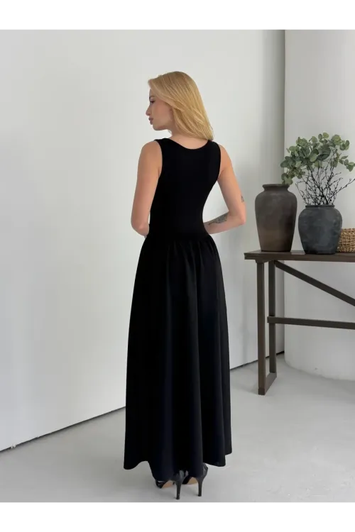 Kadın Siyah Bisiklet Yaka Üstü Esnek Viskon Alt Geniş Poplin Dokuma Kolsuz Elbise HZL26W-DSB1221