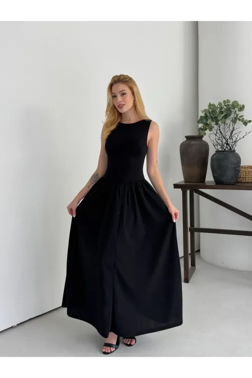 Kadın Siyah Bisiklet Yaka Üstü Esnek Viskon Alt Geniş Poplin Dokuma Kolsuz Elbise HZL26W-DSB1221