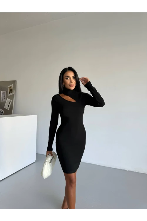 Kadın Siyah Boğazlı Uzun Kollu Ottoman Kumaş Elbise HZL25S-FRY123331