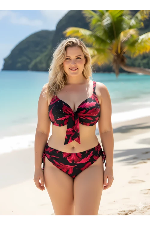 Kadın Siyah Bordo Taş İşlemeli Büyük Beden Bikini Takım HZL25S-LC3337