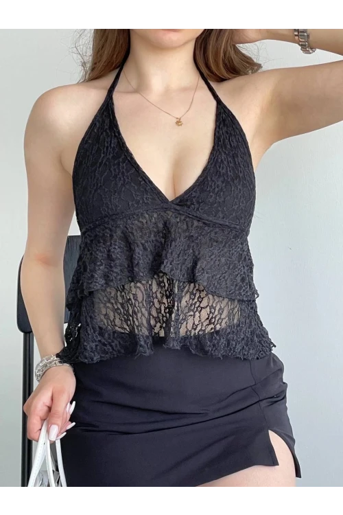 Kadın Siyah Boyundan Bağlamalı Sırt Dekolteli Dantel Bluz HZL25S-ZK13241