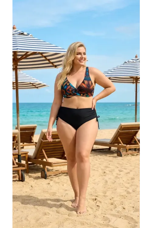 Kadın Siyah Çiçek Desenli Astarlı Büyük Beden Bikini Takımı HZL26S-LC21202