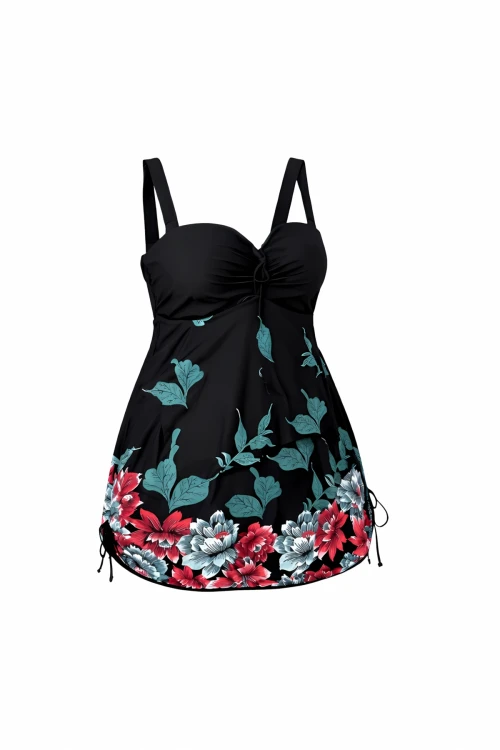 Kadın Siyah Çiçek Desenli Elbise Model Büyük Beden Slipli Tankini HZL24S-LC4009
