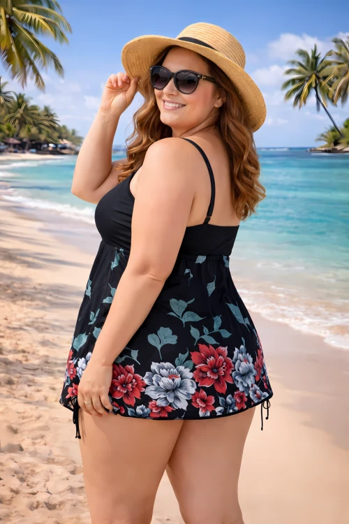 Kadın Siyah Çiçek Desenli Elbise Model Büyük Beden Slipli Tankini HZL24S-LC4009