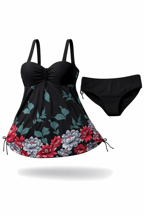 Kadın Siyah Çiçek Desenli Elbise Model Büyük Beden Slipli Tankini HZL24S-LC4009