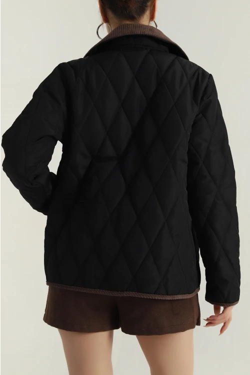 Kadın Siyah Çıt Çıt Kapamalı Kadife Detaylı Kapitone Mont HZL25W-BD152261