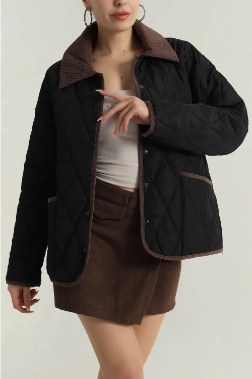 Kadın Siyah Çıt Çıt Kapamalı Kadife Detaylı Kapitone Mont HZL25W-BD152261