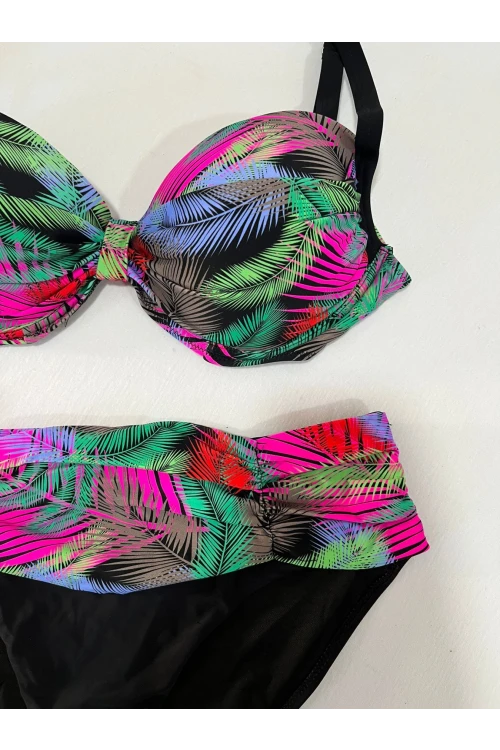 Kadın Siyah Çok Renk Desenli  Astarlı Büyük Beden Bikini Takımı HZL25S-LC06