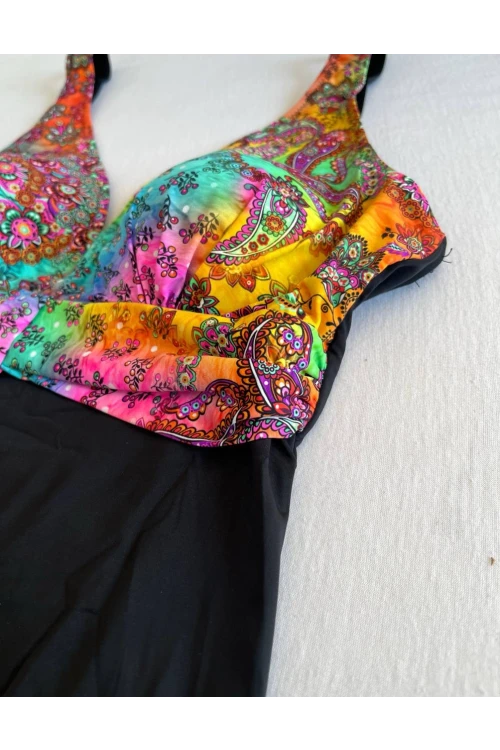 Kadın Siyah Çok Renkli V Yaka Yüzücü Mayo HZL25S-LC4008