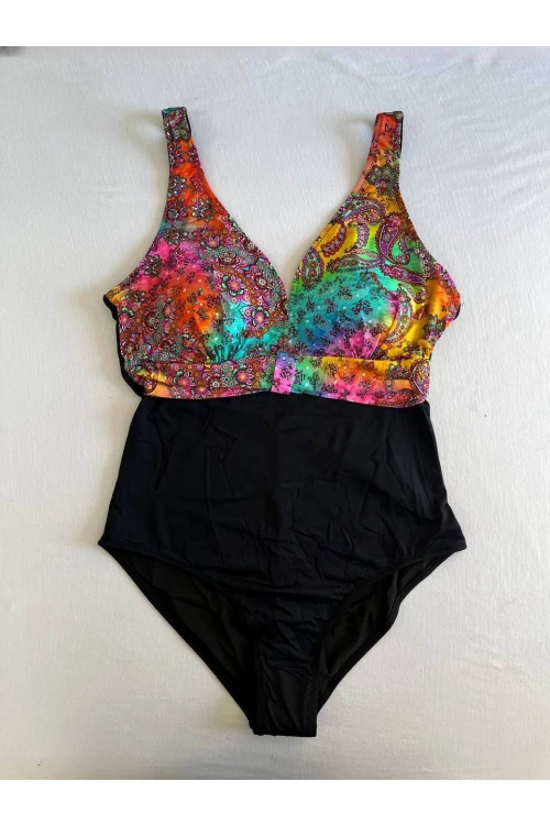 Kadın Siyah Çok Renkli V Yaka Yüzücü Mayo HZL25S-LC4008