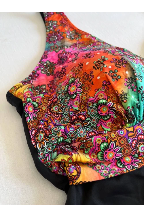 Kadın Siyah Çok Renkli V Yaka Yüzücü Mayo HZL25S-LC4008