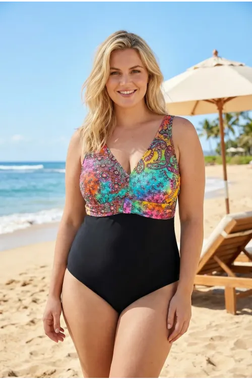 Kadın Siyah Çok Renkli V Yaka Büyük Beden Mayo HZL25S-LC4008