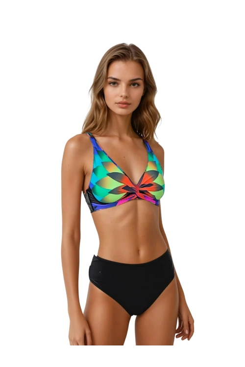 Kadın Siyah Çok Renkli Yüksel Bel Astarlı Bikini Takımı HZL25S-LC22315