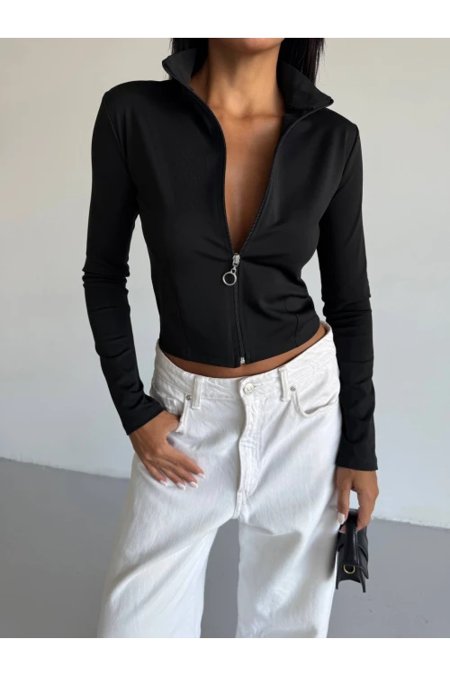 Kadın Siyah Dalgıç Kumaş Fermuar Kapamalı Parmak Geçirmeli Sweatshirt HZL25W-FRY123441