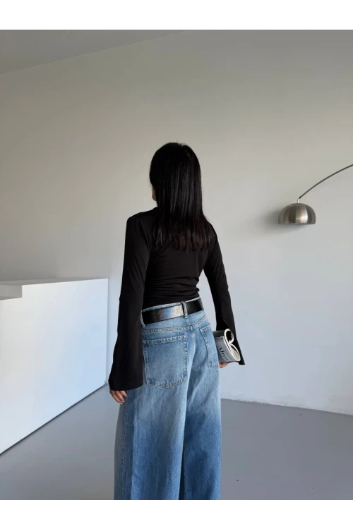 Kadın Siyah Drape Detaylı İspanyol Kol Sany Bluz HZL25W-FRY123431