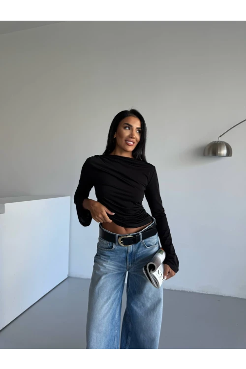 Kadın Siyah Drape Detaylı İspanyol Kol Sany Bluz HZL25W-FRY123431
