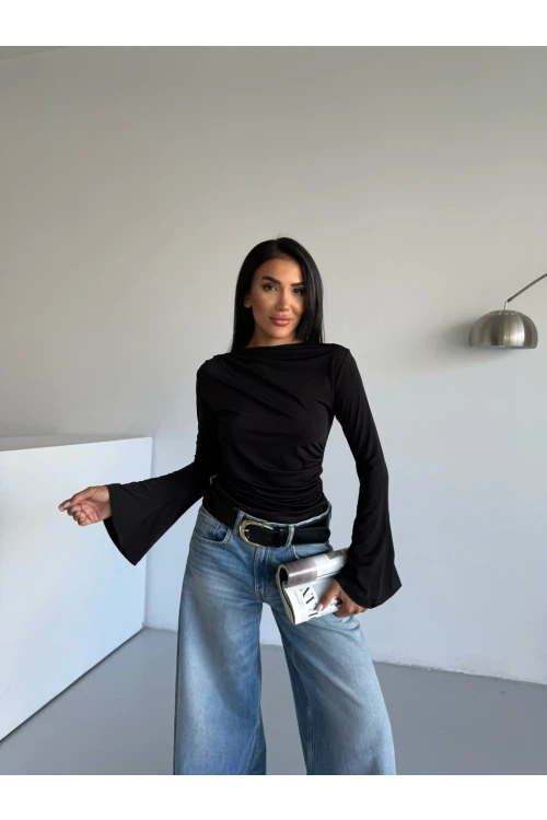 Kadın Siyah Drape Detaylı İspanyol Kol Sany Bluz HZL25W-FRY123431