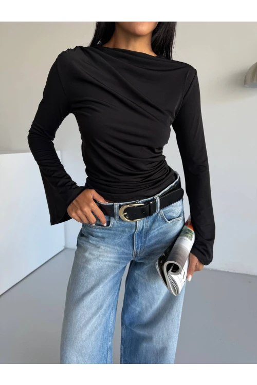 Kadın Siyah Drape Detaylı İspanyol Kol Sany Bluz HZL25W-FRY123431