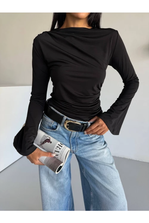 Kadın Siyah Drape Detaylı İspanyol Kol Sany Bluz HZL25W-FRY123431
