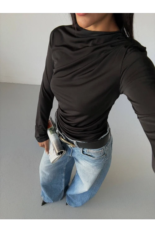 Kadın Siyah Drape Detaylı İspanyol Kol Sany Bluz HZL25W-FRY123431
