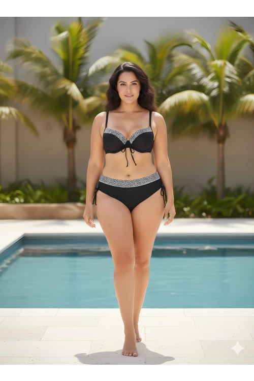 Kadın Siyah Etnik Desenli Büyük Beden Bikini Takım HZL25S-LC2218