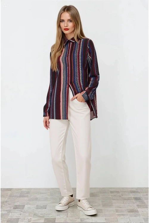 Kadın Siyah Etnik Desenli Çok Renkli Viskon Gömlek HZL23W-BD137851