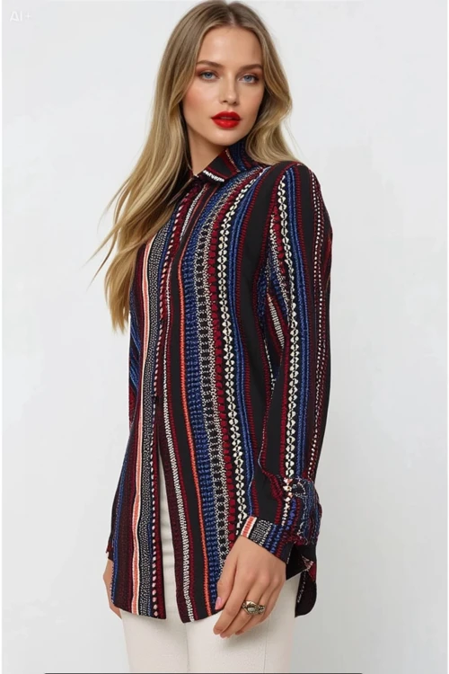 Kadın Siyah Etnik Desenli Çok Renkli Viskon Gömlek HZL23W-BD137851