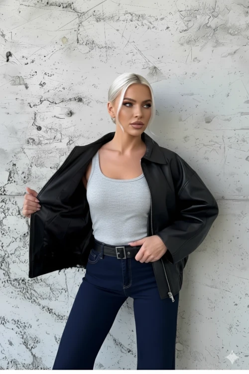 Kadın Siyah Fermuar Kapamalı Oversize Suni Deri Ceket HZL25W-BD110561