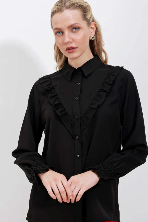 Kadın Siyah Fırfır Detaylı Uzun Kollu Şık Gömlek HZL25W-BD1202231