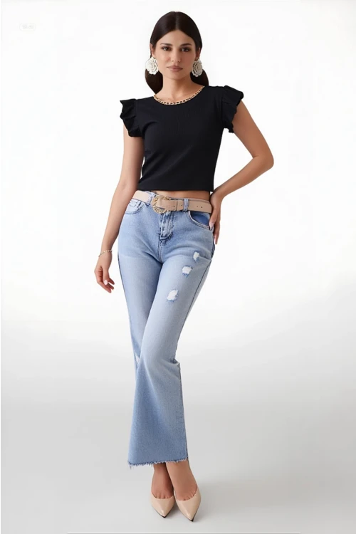 Kadın Siyah Fırfır Kollu Zincir Kolyeli Örme Bluz HZL22S-BD104301