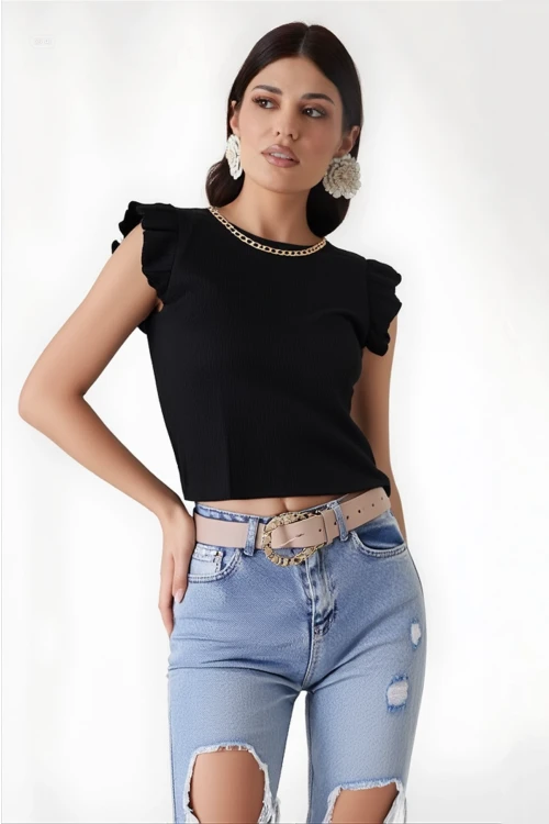 Kadın Siyah Fırfır Kollu Zincir Kolyeli Örme Bluz HZL22S-BD104301