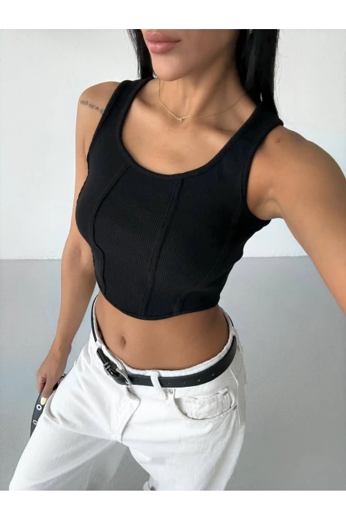 Kadın Siyah Fitilli Kaşkorse Crop Bluz HZL25S-FRY123171