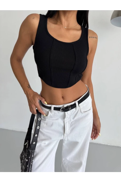 Kadın Siyah Fitilli Kaşkorse Crop Bluz HZL25S-FRY123171
