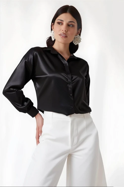 Kadın Siyah  Hafif Dökümlü Saten Yüzeyli Gömlek HZL22W-BD139641