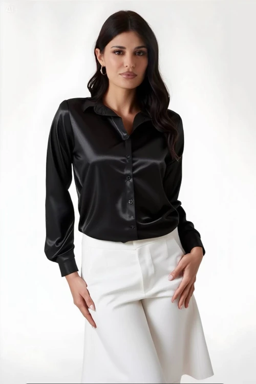 Kadın Siyah  Hafif Dökümlü Saten Yüzeyli Gömlek HZL22W-BD139641