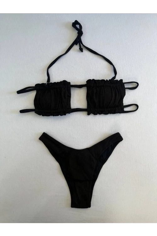 Kadın Siyah İp Bağlamalı Büzgülü Straplez Bikini Takım HZL25S-LC2226