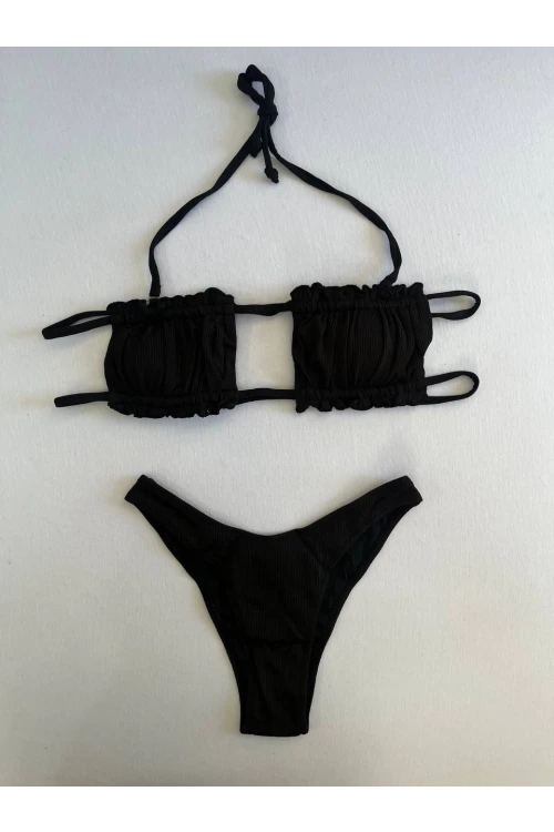 Kadın Siyah İp Bağlamalı Büzgülü Straplez Bikini Takım HZL25S-LC2226