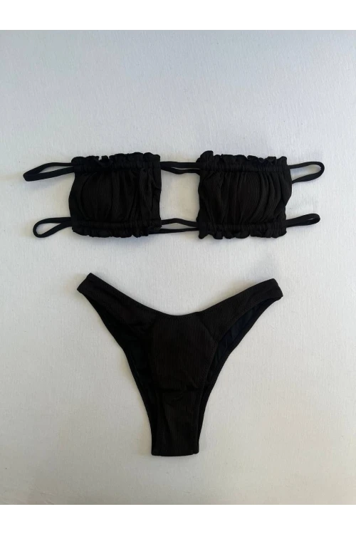 Kadın Siyah İp Bağlamalı Büzgülü Straplez Bikini Takım HZL25S-LC2226