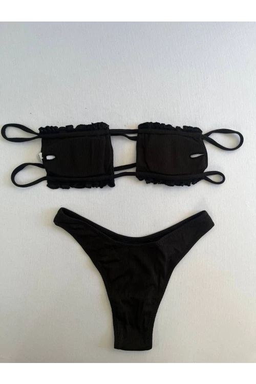 Kadın Siyah İp Bağlamalı Büzgülü Straplez Bikini Takım HZL25S-LC2226