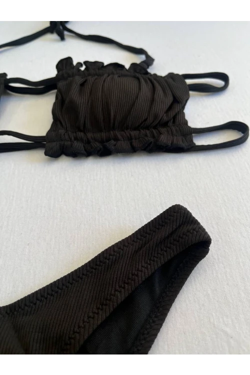 Kadın Siyah İp Bağlamalı Büzgülü Straplez Bikini Takım HZL25S-LC2226